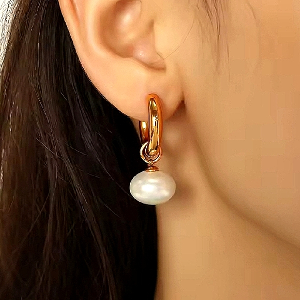 Pearl dangles on chunky small hoops; nwot